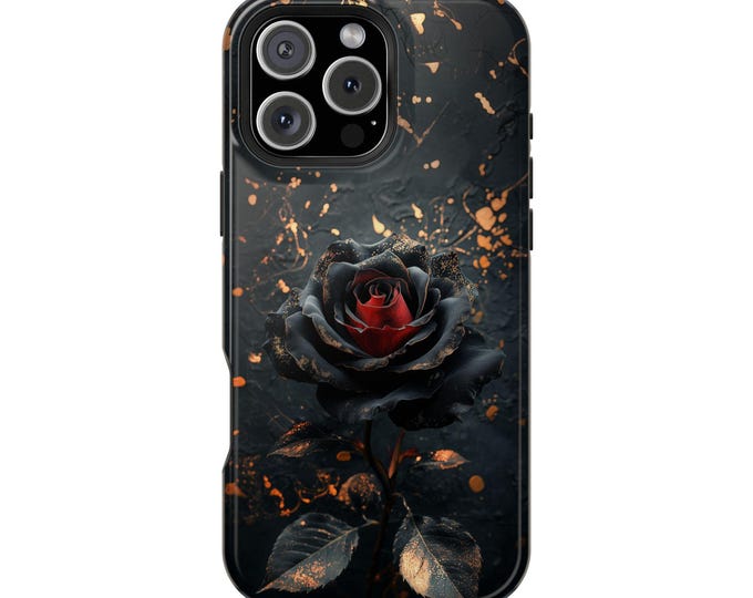 Dark Rose Flower Black Baccara Gold Accent Floral Phone Case: iPhone, Galaxy, Pixel - Lifetime Warranty