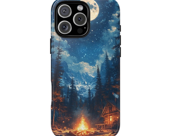 Cabin Campfire Winter Mountain Moon Phone Case: iPhone, Galaxy, Pixel - Lifetime Warranty