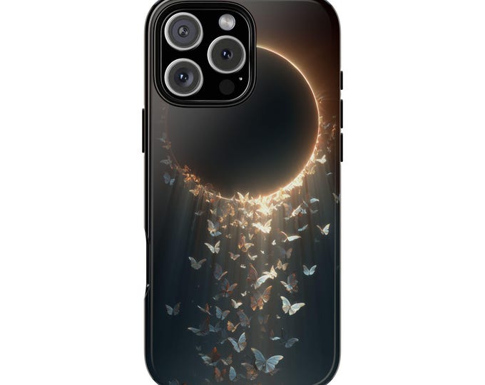 Dark Solar Eclipse Radiant Butterflies Phone Case: iPhone, Galaxy, Pixel - Lifetime Warranty
