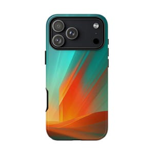 May include: A smartphone case featuring a vibrant abstract design with diagonal streaks of bright orange, deep red, and teal blue. The back of the case includes a black rectangular camera module with three circular lenses and a small circular flash.