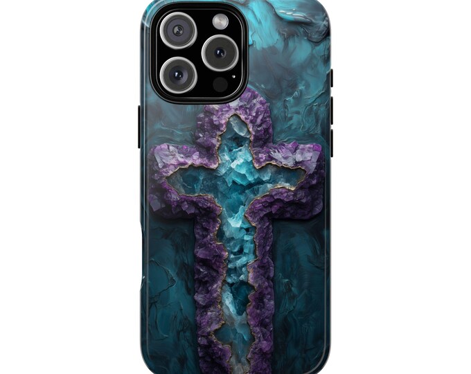 Purple Teal Geode Cross Faith Phone Case: iPhone, Galaxy, Pixel - Lifetime Warranty