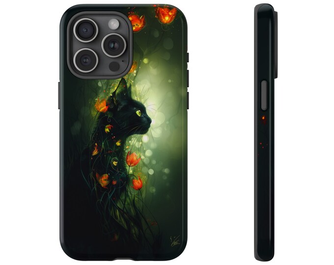 Black Cat Orange Tulip Floral Green Phone Case: iPhone, Galaxy, Pixel - Lifetime Warranty
