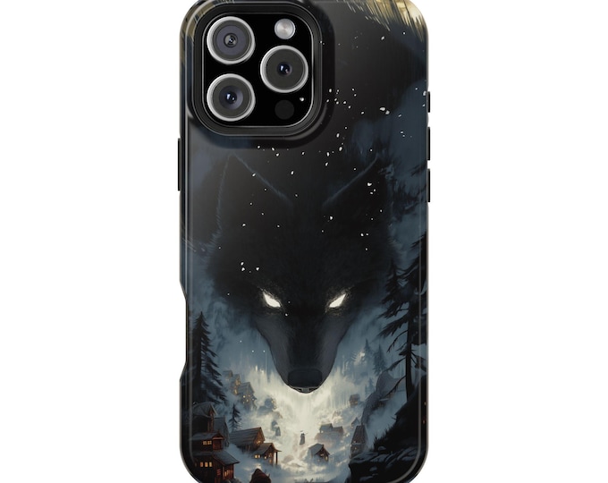 Giant Wolf Winter Village Night Phone Case: iPhone, Galaxy, Pixel - Lifetime Warranty