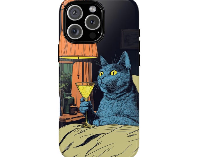 Gray Cat Martini Glass Drink Retro Phone Case: iPhone, Galaxy, Pixel - Lifetime Warranty
