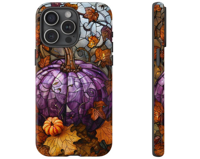 Harvest Fall Purple Pumpkin Stained Glass Phone Case: iPhone, Galaxy, Pixel - Lifetime Warranty