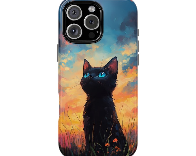 Black Cat Sunset Meadow Twilight Kitty Phone Case: iPhone, Samsung Galaxy, Pixel - MagSafe Compatible