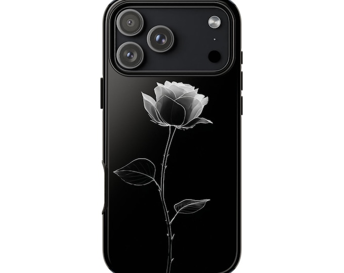 White Rose Minimalist Black Phone Case: iPhone, Galaxy, Pixel - Lifetime Warranty