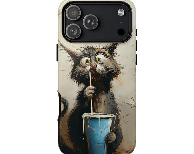 Silly Gray Cat Drinking Milkshake Kitty Phone Case: iPhone, Galaxy, Pixel - Lifetime Warranty