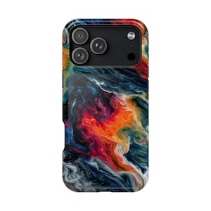 May include: A smartphone case featuring a vibrant, swirling abstract pattern of deep blue, bright orange, red, and white colors. The design mimics fluid acrylic paint with marbled textures. The case has a black camera module cutout.