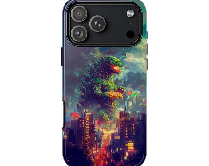Green Kaiju Eating Pizza Pie City Phone Case: iPhone, Galaxy, Pixel - Lifetime Warranty