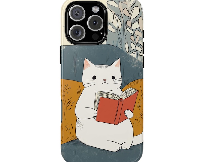White Cat Reading Book Vintage Phone Case: iPhone, Galaxy, Pixel - Lifetime Warranty