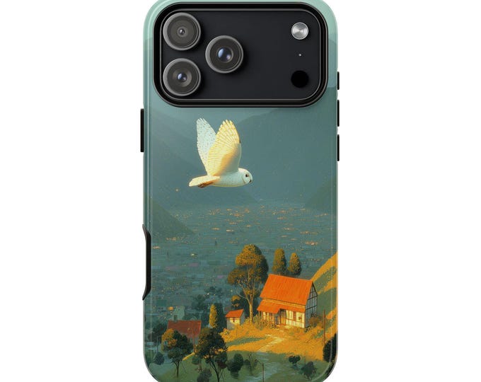 White Owl Mountain Town Phone Case: iPhone, Galaxy, Pixel - Lifetime Warranty