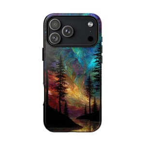May include: A smartphone case featuring a vibrant, abstract landscape design with silhouettes of tall pine trees against a colorful sky of swirling blue, purple, orange, and yellow hues. The scene includes a dark, reflective body of water.