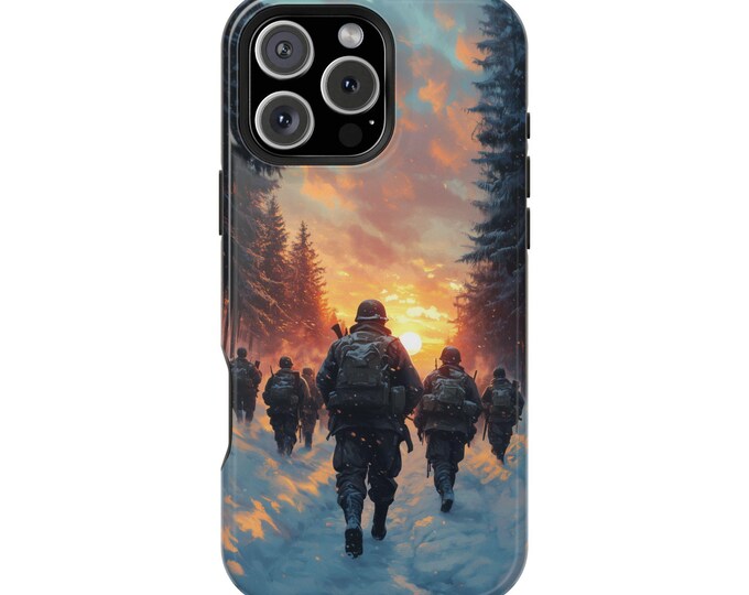 World War 2 Soldiers Walking Snow Sunset Phone Case: iPhone, Galaxy, Pixel - Lifetime Warranty