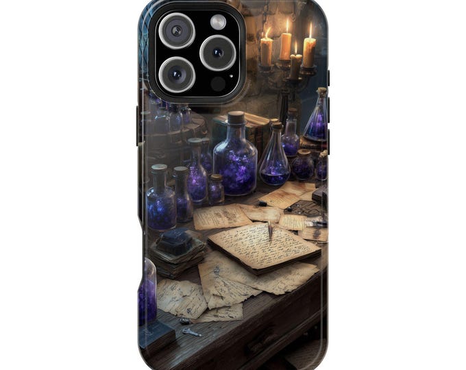 Alchemy Desk Purple Potion Scrolls Phone Case: iPhone, Galaxy, Pixel - Lifetime Warranty