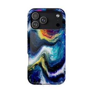 May include: A smartphone case featuring a vibrant, swirling abstract pattern of deep blue, turquoise, white, and yellow paint-like textures. The case has a black camera module cutout at the top with three circular lens openings and a flash.