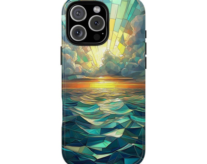 Ocean Sunset Mosaic Waves Stained Glass Phone Case: Tough Cover for iPhone (MagSafe Compatible), Samsung Galaxy, Pixel