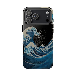 May include: Black phone case featuring a stylized depiction of Hokusai's "The Great Wave off Kanagawa." The design showcases a large, curling wave in shades of blue and white against a black background. The case has a black border and a camera module.