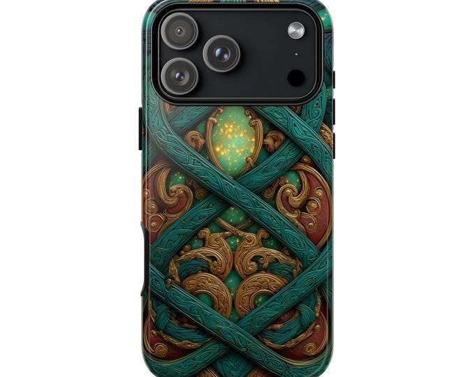 Green Gold Interwoven Knotwork Pattern Phone Case: iPhone, Galaxy, Pixel - Lifetime Warranty