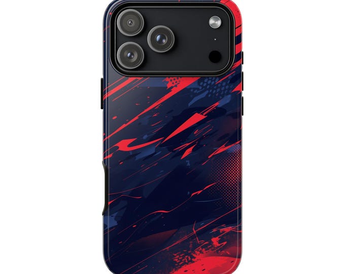 Navy Blue Red Glitch Dynamic Wave Phone Case: iPhone, Galaxy, Pixel - Lifetime Warranty