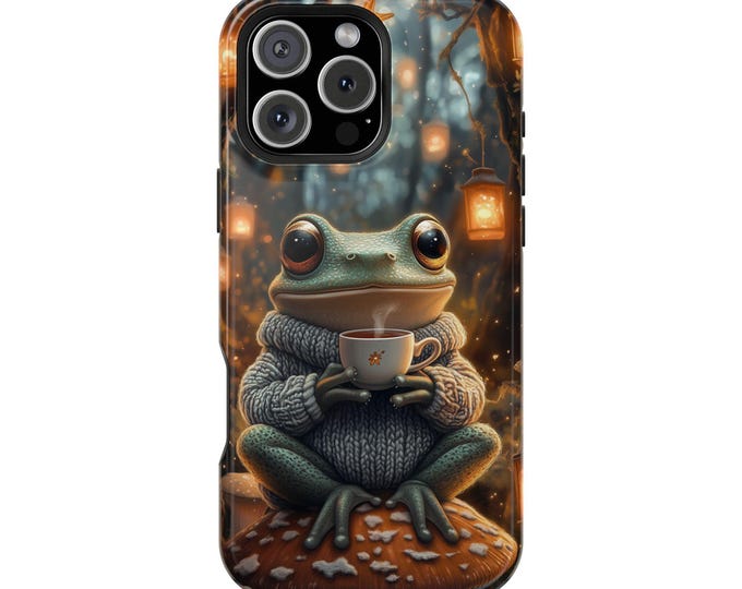 Happy Frog Sipping Tea Cozy Toadstool Phone Case: iPhone, Galaxy, Pixel - Lifetime Warranty