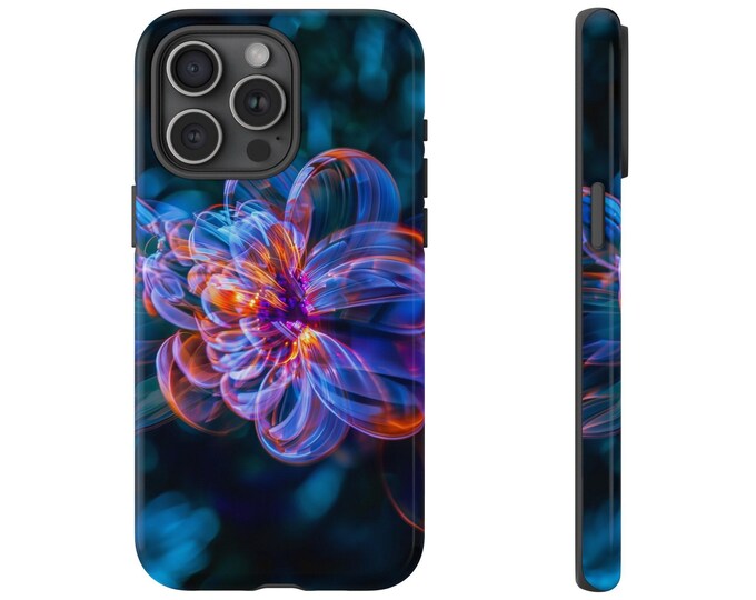 Phone Case for Galaxy, iPhone, Pixel | Neon Inflorescence 3D Animated Flower Radiant Floral Blue Orange Illumination Bloom | Tough Cover