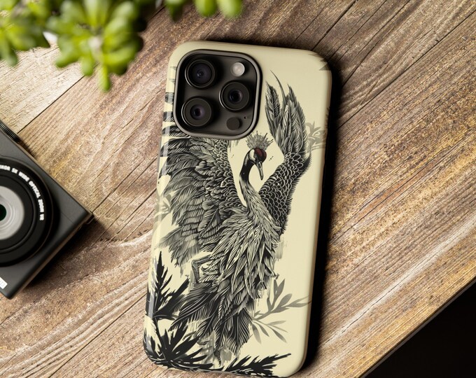 Woodcut Red Crowned Crane Bird Phone Case: iPhone, Galaxy, Pixel - Lifetime Warranty
