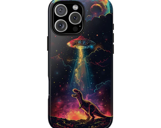 UFO Dinosaur Neon Vector Phone Case: iPhone, Galaxy, Pixel - Lifetime Warranty