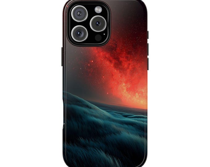 Blue Grassy Field Red Cosmic Nebula Sky Windy Grass Phone Case: iPhone, Galaxy, Pixel - Lifetime Warranty