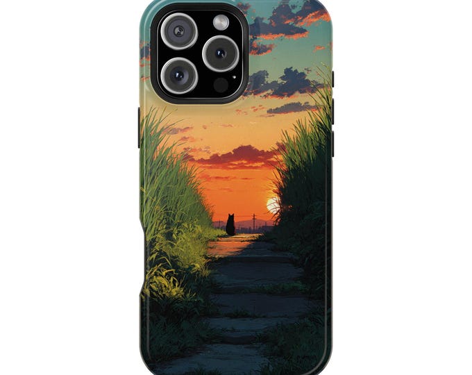 Cat Rice Field Sunset Anime Phone Case: iPhone, Galaxy, Pixel - Lifetime Warranty