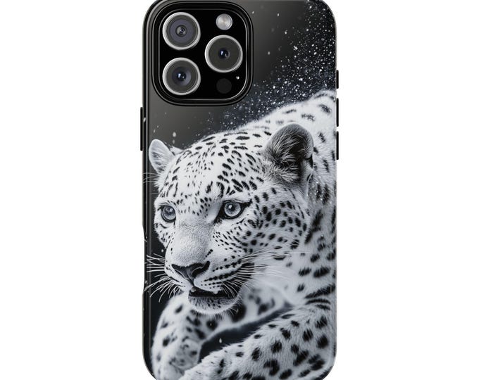 White Snow Leopard on Black Cat Phone Case: iPhone, Galaxy, Pixel - Lifetime Warranty