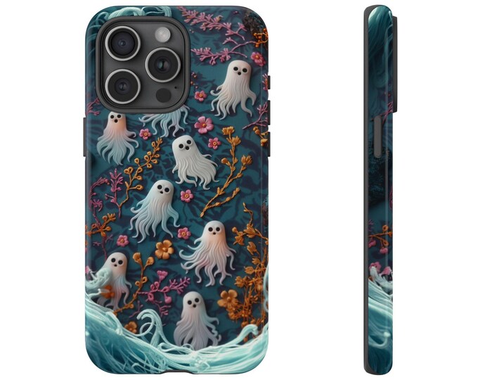 Cute Spooky Ghosts Flower Phone Case - Abstract Ocean Halloween Waves Phone Cover - Ghost Clay Phone Case - iPhone, Pixel, Samsung Galaxy
