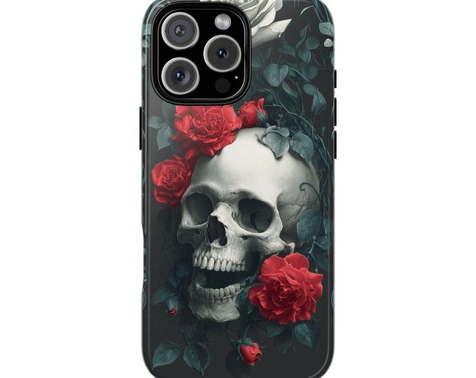 Gothic Skull Red Roses Flowers Eerie Phone Case: Tough Cover for iPhone (MagSafe Compatible), Samsung Galaxy, Pixel