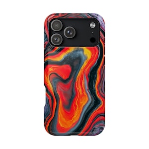 May include: A smartphone case featuring a vibrant, swirling abstract pattern of bright red, deep orange, and dark charcoal gray colors. The design mimics fluid acrylic paint with marbled textures, covering the entire back of the rectangular device case.