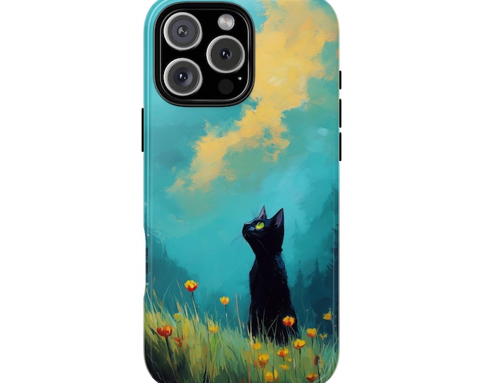 Black Cat Wildflowers Grassy Phone Case: iPhone, Galaxy, Pixel - MagSafe Compatible