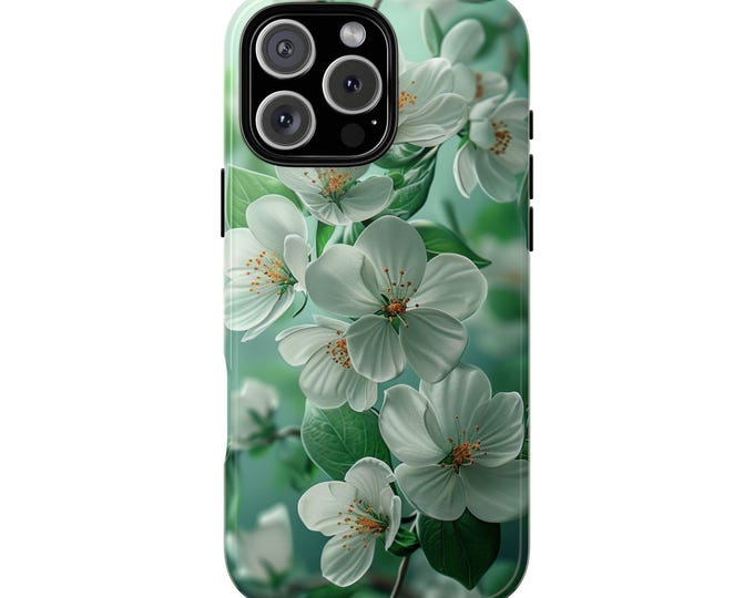 White Jasmine Flower Green Jade Phone Case: iPhone, Galaxy, Pixel - Lifetime Warranty