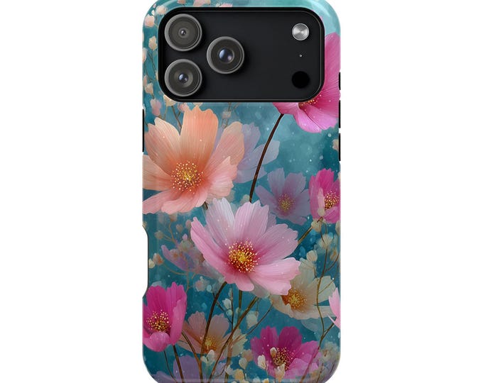 Blissful Pink Flowers Orange Teal Wildflowers Phone Case: iPhone, Galaxy, Pixel - Lifetime Warranty