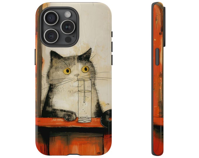 Cat Drinking Seltzer Water Art Phone Case: iPhone, Galaxy, Pixel - Lifetime Warranty