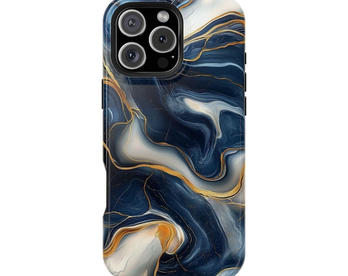 Blue White Marble Gold Swirls Phone Case: iPhone, Galaxy, Pixel - Lifetime Warranty