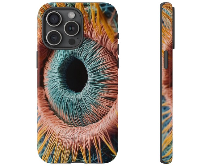 String Eye Art Cover, Embroidered Eyeball Pink Teal Phone Case: iPhone, Galaxy, Pixel - Lifetime Warranty