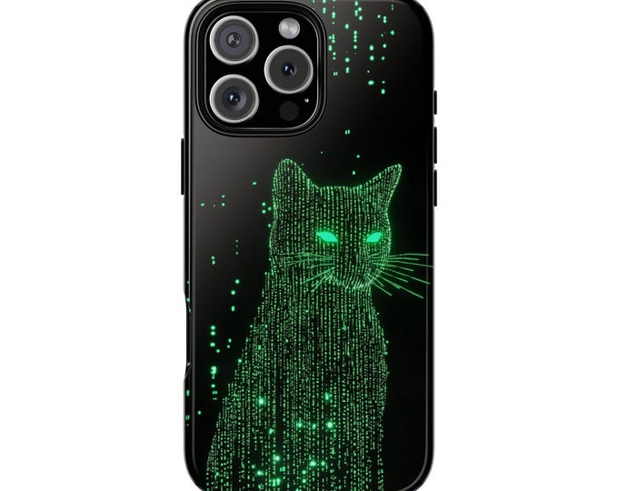 Matrix Cat Green Digital Code Phone Case: iPhone, Galaxy, Pixel - Lifetime Warranty