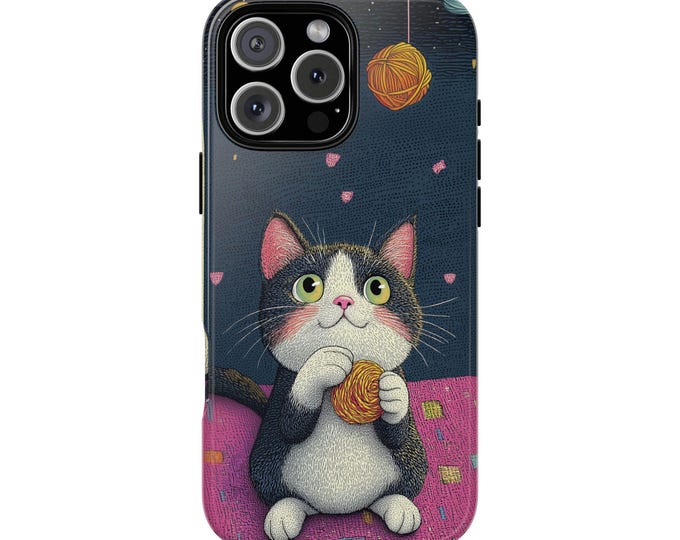 Cute Kitty Calico Cat Yarn Ball Illustration Phone Case: iPhone, Galaxy, Pixel - Lifetime Warranty