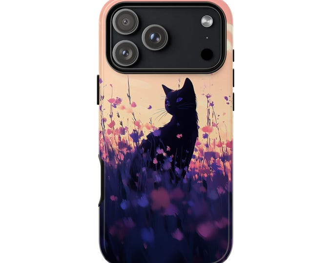 Black Cat Dreamy Purple Wildflowers Phone Case: iPhone, Galaxy, Pixel - Lifetime Warranty