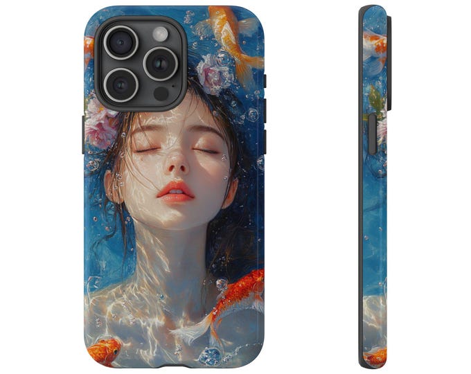 Girl Submerged Water Phone Case | iPhone, Samsung Galaxy, Pixel | Underwater Koi Fish Water Pond Asian Style Art Design Tough Cover