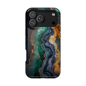 May include: A smartphone case featuring a marbled design with swirling patterns of deep emerald green, dark navy blue, and white, accented by metallic gold veins. The case has a black camera module cutout with three circular lens openings.