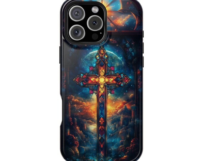 Stained Glass Christian Cross Heaven City Phone Case: iPhone, Galaxy, Pixel - Lifetime Warranty