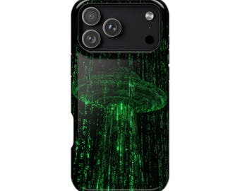 UFO Alien Ship Green Matrix Code Phone Case • Original Artwork • Heavy Duty Protection • Tech Gift • Lifetime Warranty