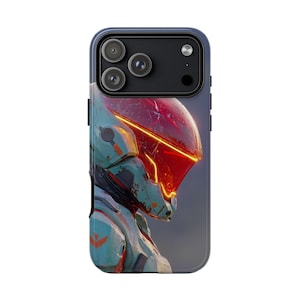May include: A phone case featuring a futuristic illustration of a helmeted figure. The helmet has a red visor with a yellow outline, and the figure's armor is teal with orange accents. The case has a dark blue border.