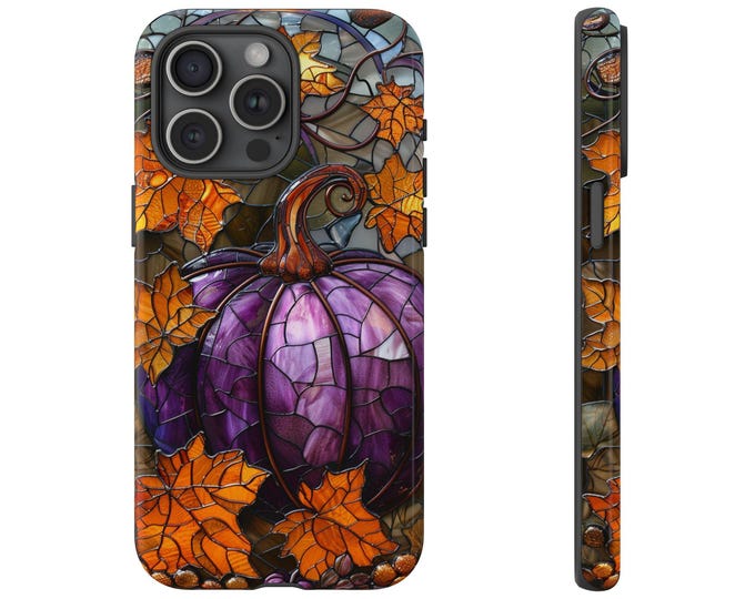 Harvest Purple Pumpkin Stained Glass Phone Case: iPhone, Galaxy, Pixel - Lifetime Warranty