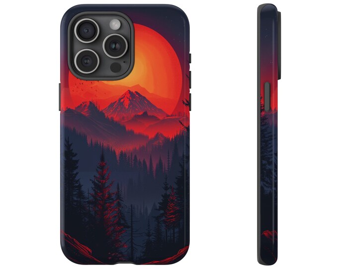 Orange Moon Mountain Forest Tree Nature Retro Phone Case: iPhone, Galaxy, Pixel - Lifetime Warranty